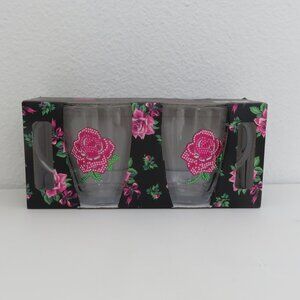 Betsey Johnson Two Sets of Glass Mugs w/Rose Rhinestone Design